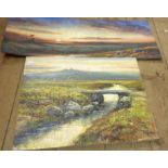 Mike Nance: two unframed oils on board, one depicting a moorland sunset, the other a moorland view