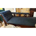 A 1.45m late Victorian mahogany part show frame chaise longue with blue upholstery and heart pierced