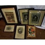 A selection of framed mostly monochrome prints including titled figures, townscape and floral study
