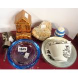 A small quantity of ceramic and glass items including two 19th Century bat printed cups and saucers,