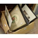 A box containing a quantity of assorted pictures including a pair of watercolour floral still