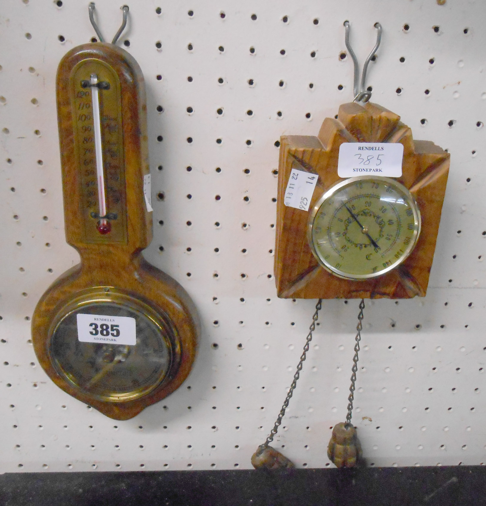 A small oak framed wall barometer/thermometer - sold with rustic wood framed thermometer with faux