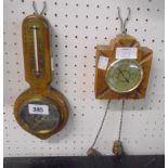 A small oak framed wall barometer/thermometer - sold with rustic wood framed thermometer with faux