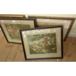 A pair of Hogarth framed antique coloured hunting prints - sold with another similar