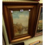 V. Allan: a gilt framed watercolour, depicting a river landscape with bridge and castle above -