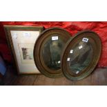 A pair of antique gilt oval framed coloured prints, depicting sailing vessels - sold with a