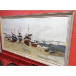 A framed vintage large oil on board, depicting a Cornish harbour scene with vessels and