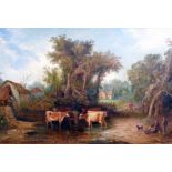 H. Duncan: a large gilt gesso framed 19th Century oil on canvas, depicting cattle watering in a