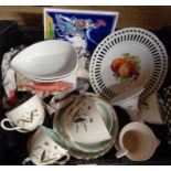 A small crate containing a quantity of assorted ceramic items including Alfred Meakin part tea and