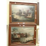 A pair of framed Chinese oils on canvas, both depicting waterside scenes with figures and