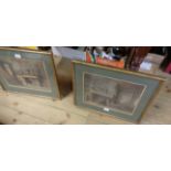 A pair of framed antique coloured engravings, depicting Bruges interiors with figures