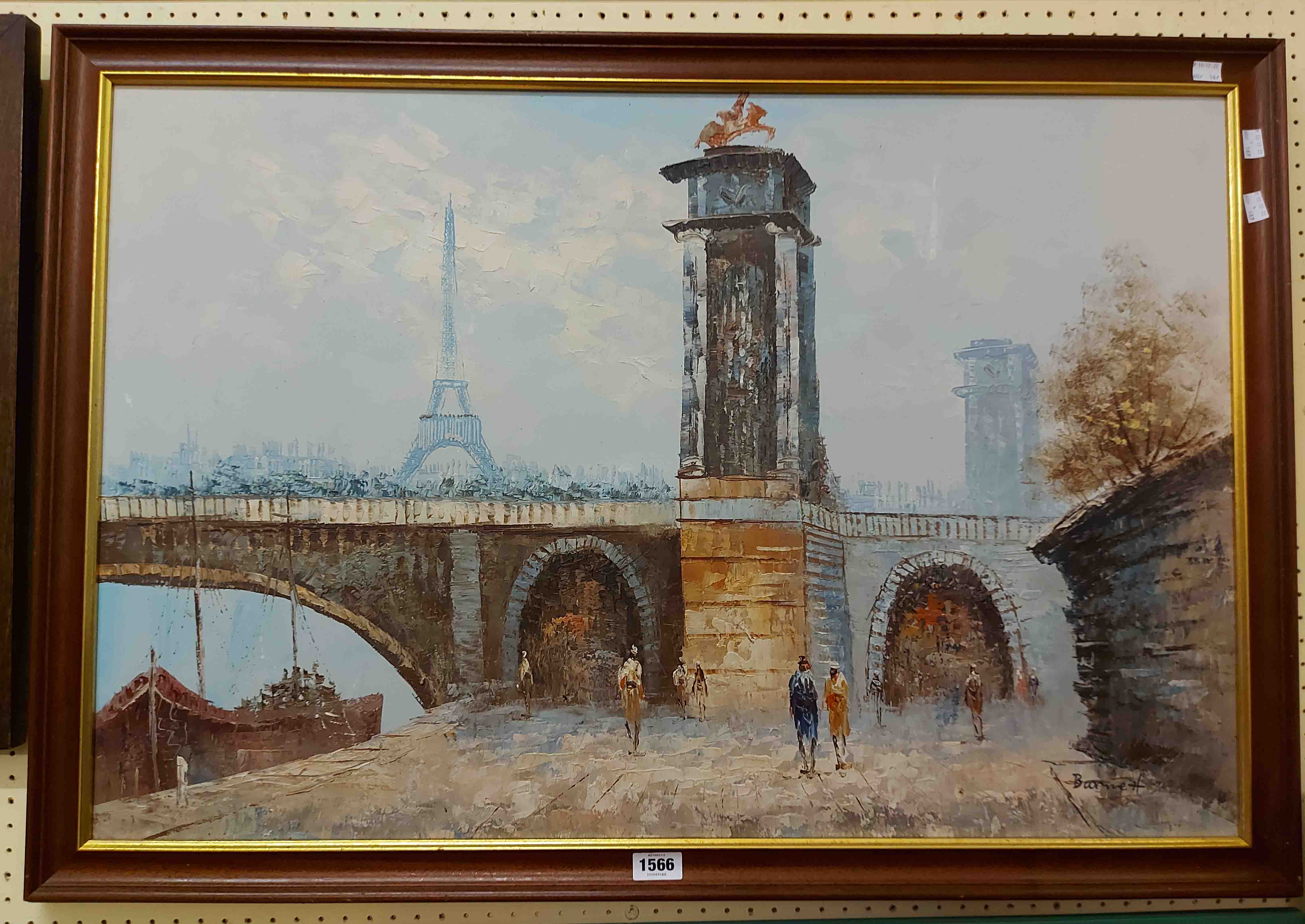 Burnett: a large framed oil on canvas depicting a Parisian street scene with figures and Eiffel - Image 2 of 2
