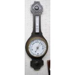 A late Victorian stained oak cased banjo aneroid barometer/thermometer with printed ceramic dial and