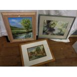 Three framed pictures comprising Peter Carty: an acrylic on board entitled 'South Devon Scene',