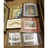 A selection of framed prints and other decorative pictures including local engravings, portraits,