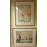 Henry C. Brewer: a framed watercolour, depicting sailing fishing boats with ocean liner in