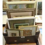 A box containing a selection of framed mainly coloured prints and other pictures - various subjects