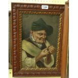 An old carved oak framed continental oil on canvas, depicting an elderly Tirolean gentleman lighting