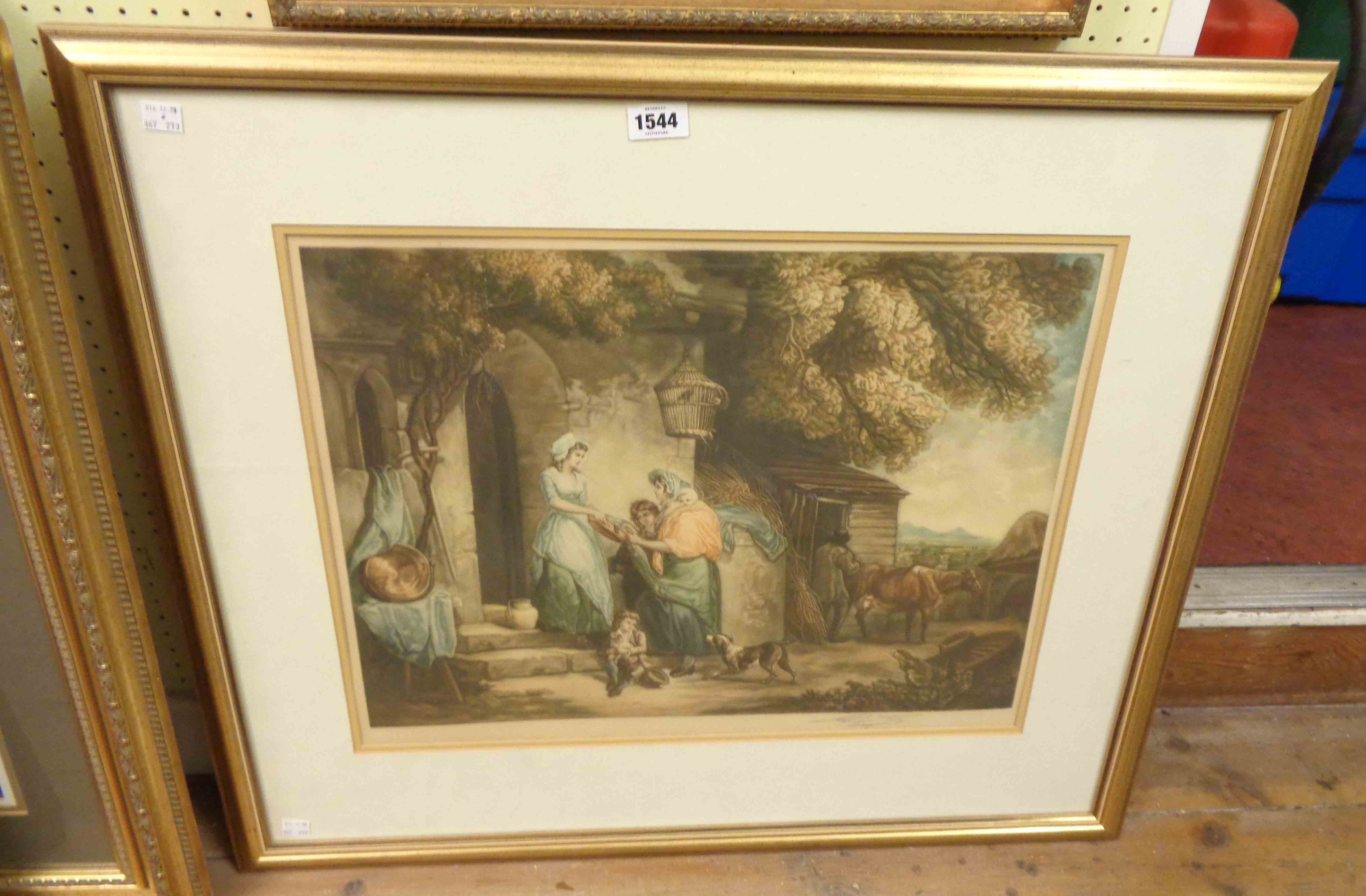 After George Morland: a gilt framed mezzotint, depicting 18th Century country folk with