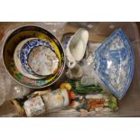 A crate containing a quantity of ceramic items including vintage Chinese porcelain bowl, 19th