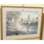 Wilfred Ball: a gilt framed print depicting a riverside cathedral