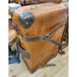A vintage fibreboard suitcase with leather bound corners and straps and tray fitted interior