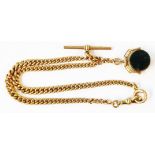 A marked 375/9 gold double Albert kerb-link watch chain with lobster clasp, ring and T-bar, set with