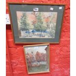 N.R. Ellis: Two framed watercolours, one depicting a cafe terrace, the other Dutch waterside