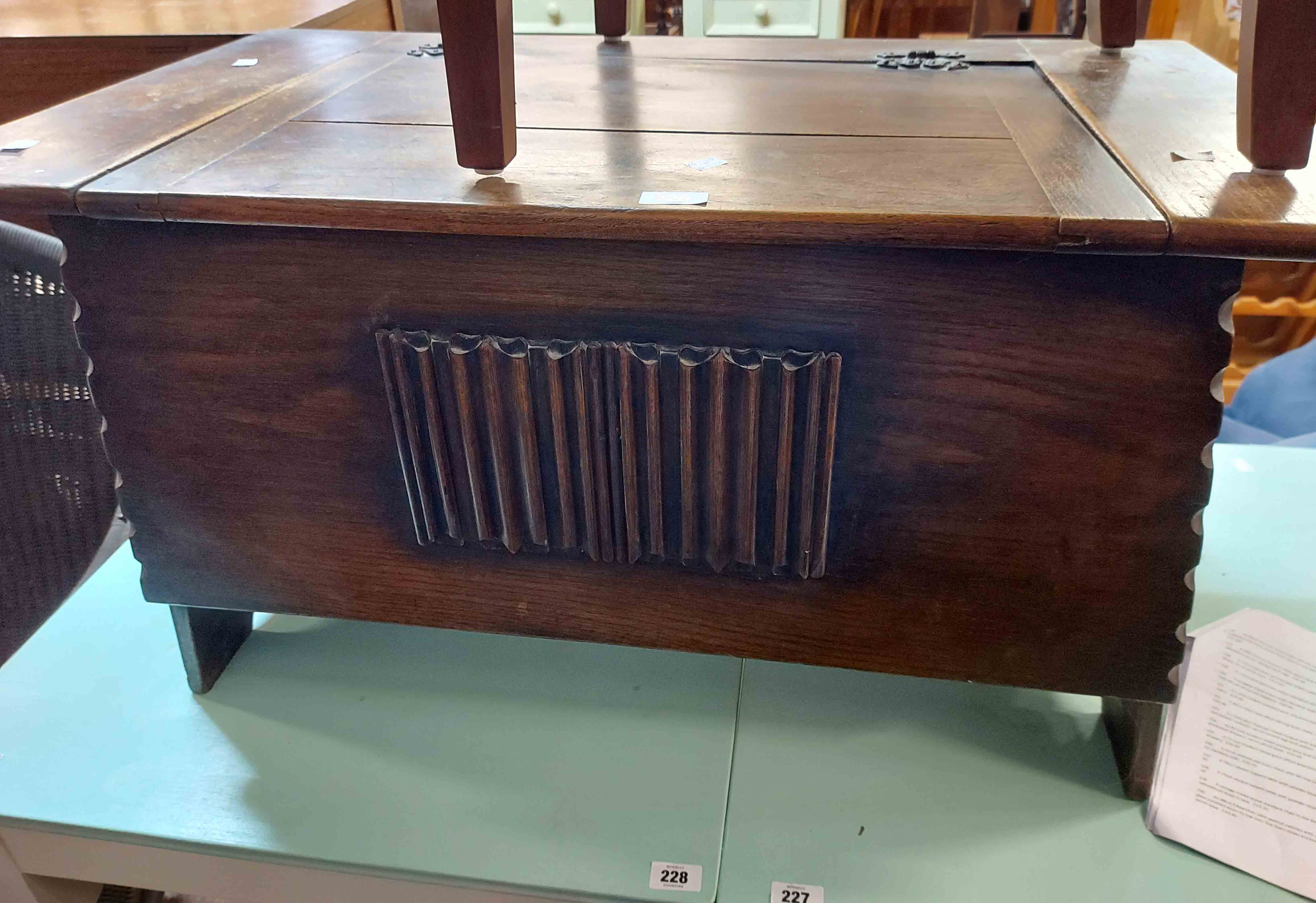 A 91cm stained oak linen chest with lift-top (split) and applied linen-fold decoration to front, set