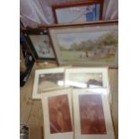 A selection of framed decorative prints and pictures including red chalk style figures, cricket