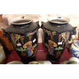 A pair of Rubian art pottery vases with chinoiserie decoration on a black ground