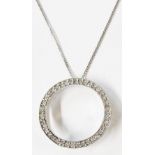 A 2cm diameter 375 (9ct.) white gold open disc pendant with diamond encrusted border, on fine 9ct.