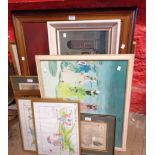 A selection of framed coloured prints, map and other images - various subjects and size format