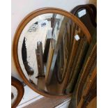 A wooden framed bevelled oval wall mirror from a dressing chest - sold with two wing mirror panels