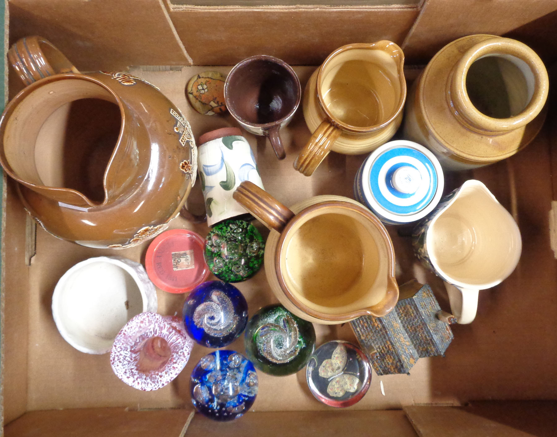 A box containing a quantity of assorted ceramic and glass items including Doulton Lambeth harvest