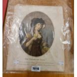 A pair of unframed coloured antique oval image engravings, one entitled 'The Young Florist', the