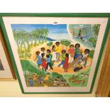 P.A.: a modern framed watercolour depicting figures dancing in a tropical setting - signed with