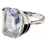 A marked 18k white metal ring, set with a large emerald cut aquamarine - size P 1/2 - boxed