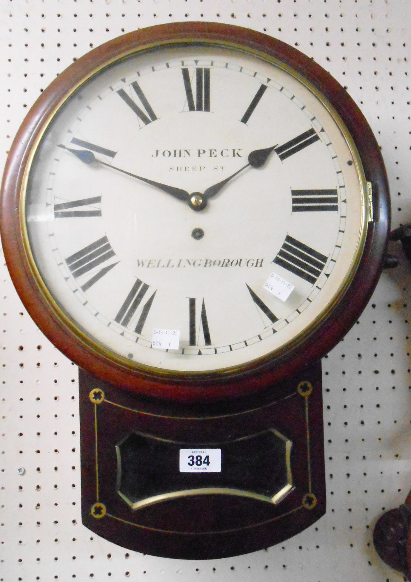 A 19th Century mahogany and brass strung cased drop dial wall clock, the 31cm diameter painted