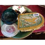 A small selection of ceramic and glass items including continental maiolica flask with hand