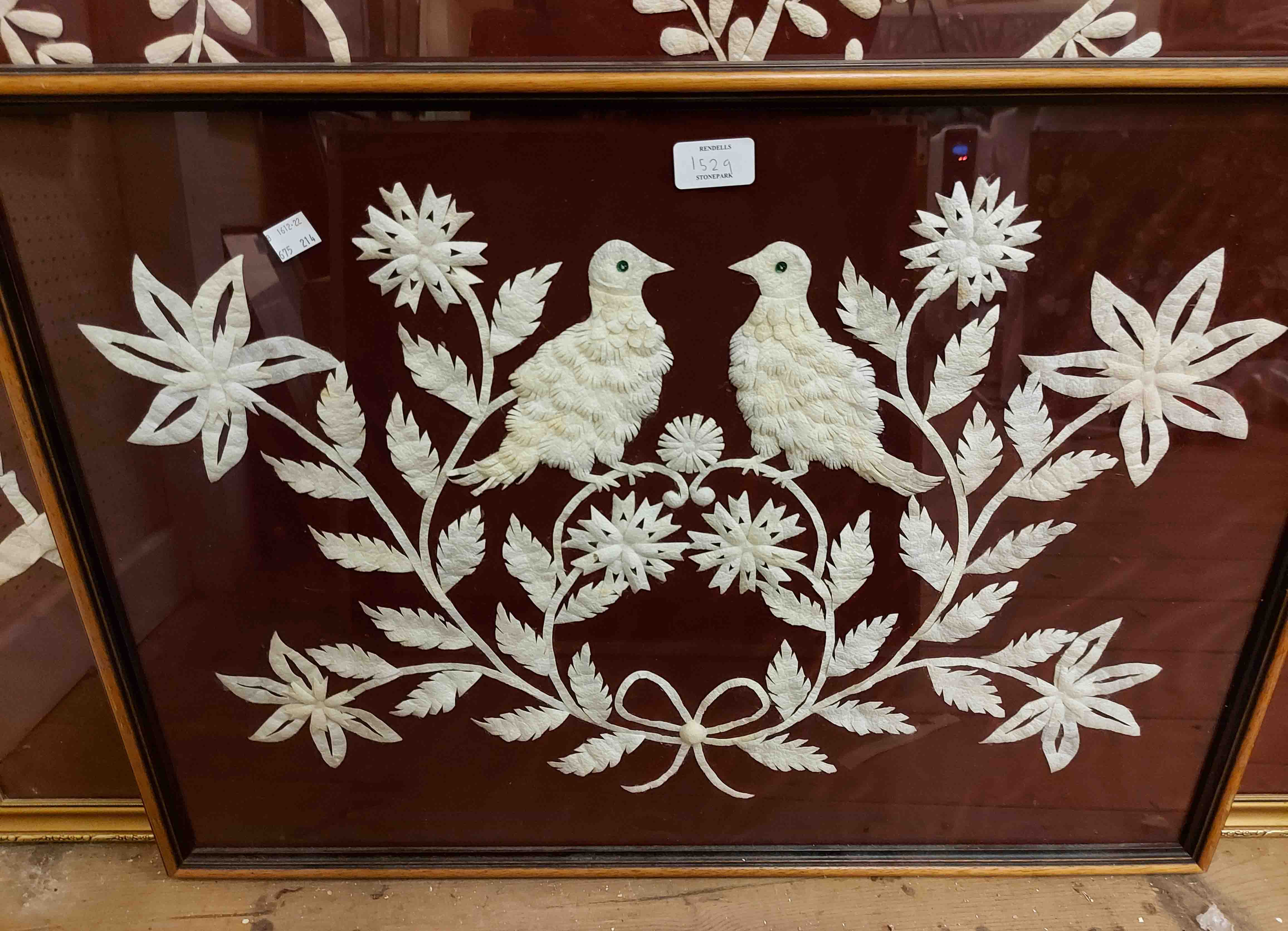 Three framed decorative embroidery pictures, all depicting perching birds - Image 2 of 3