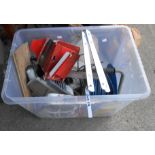 A crate containing a quantity of assorted tools including Performance Power electric planer, vintage