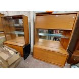 Two 91cm retro Turnidge teak effect display cabinet units, both enclosed by sliding glass doors with