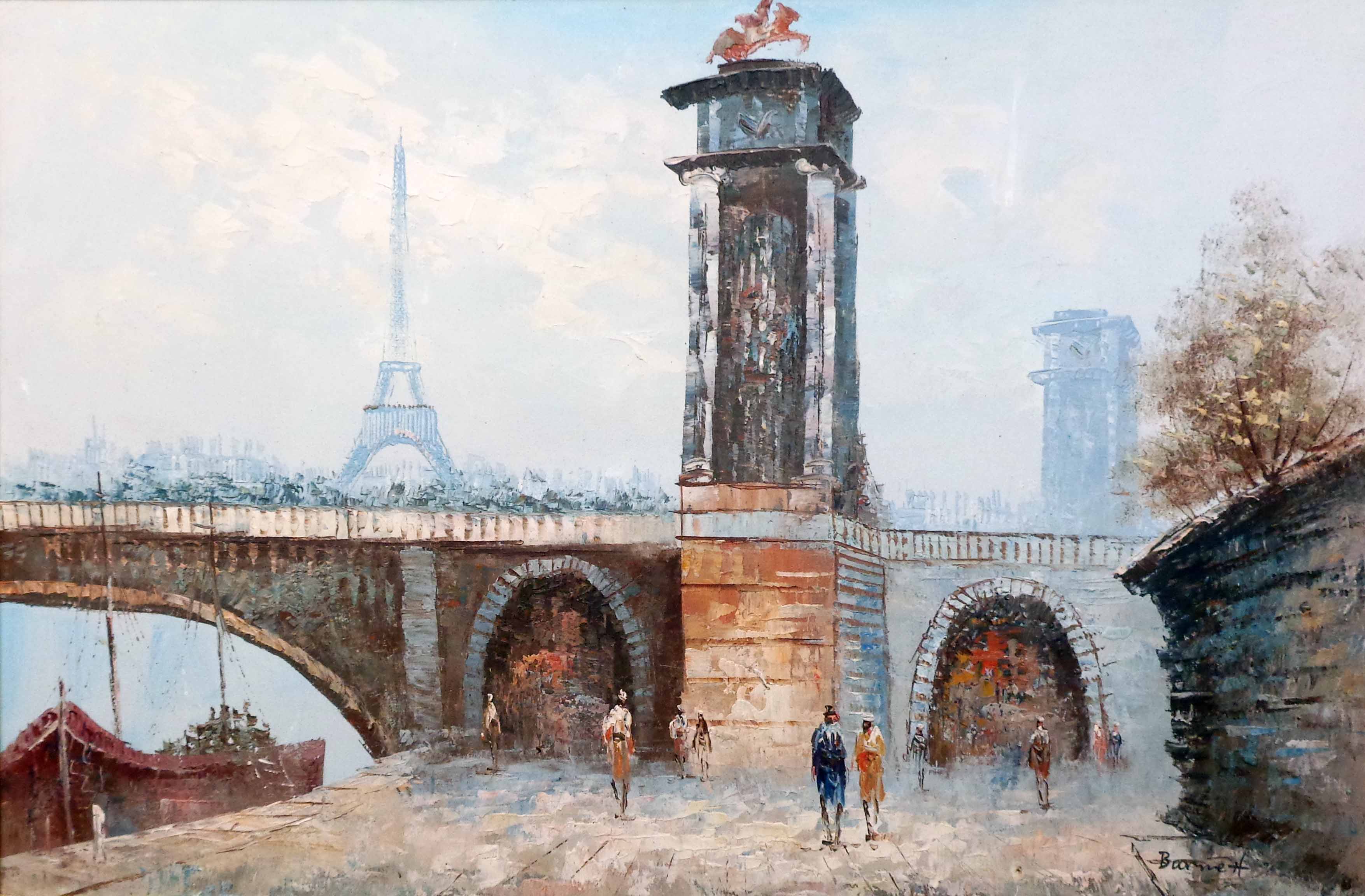 Burnett: a large framed oil on canvas depicting a Parisian street scene with figures and Eiffel