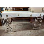 A 1.53m white marbled melamine veneered serving table with four frieze drawers, set on a white