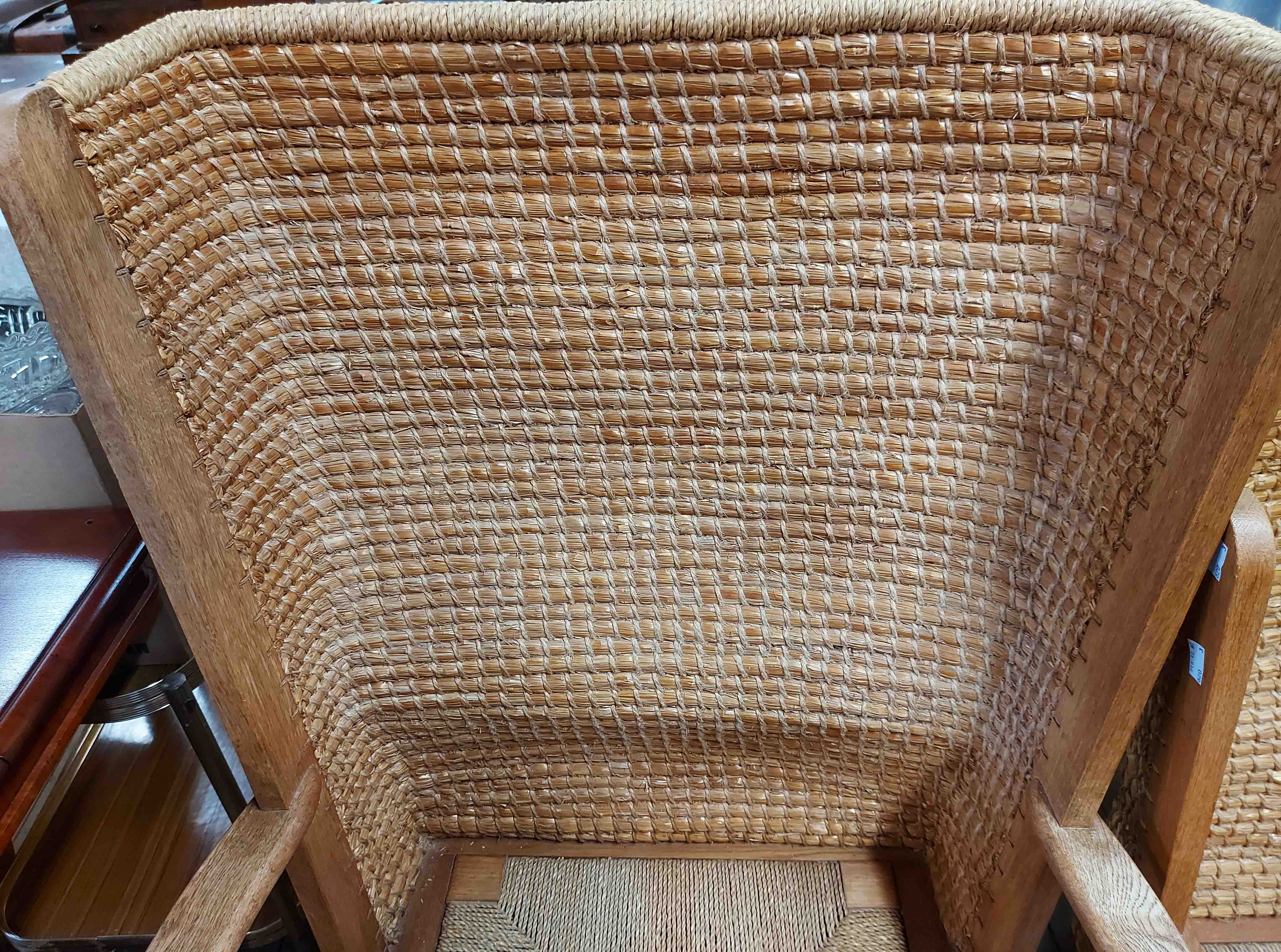 A 20th Century oak framed Orkney chair with woven and stitched curved rush back, open armrests and - Image 3 of 3