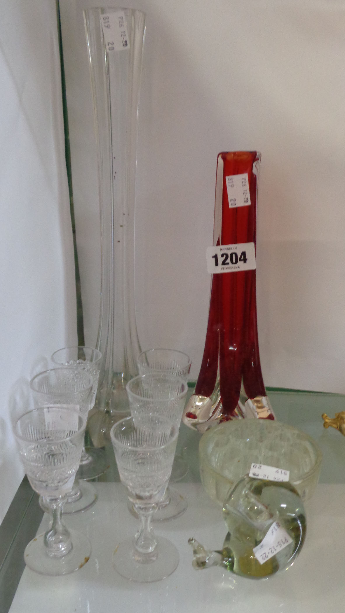 A small selection of assorted glassware including Whitefriars ruby cambone vase, six liqueur