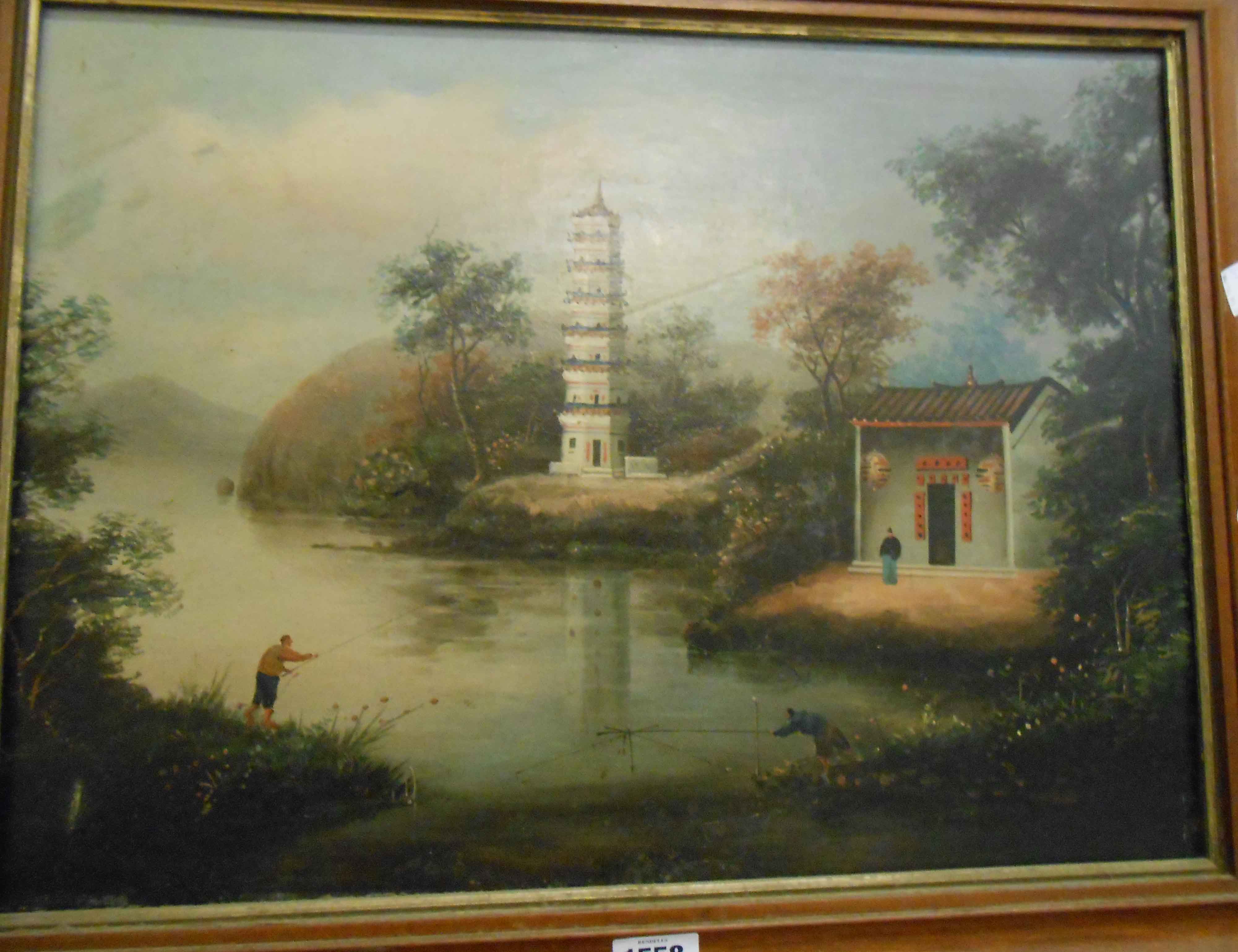 A pair of framed Chinese oils on canvas, both depicting waterside scenes with figures and - Image 2 of 4