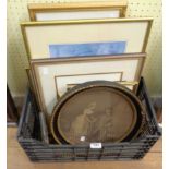 A crate containing a selection of framed coloured decorative prints - various age and subjects