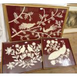 Three framed decorative embroidery pictures, all depicting perching birds
